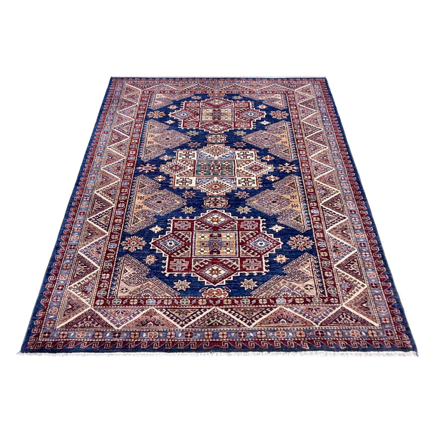 Kazak Rug Handmade Blue Medallion 5x8 ft