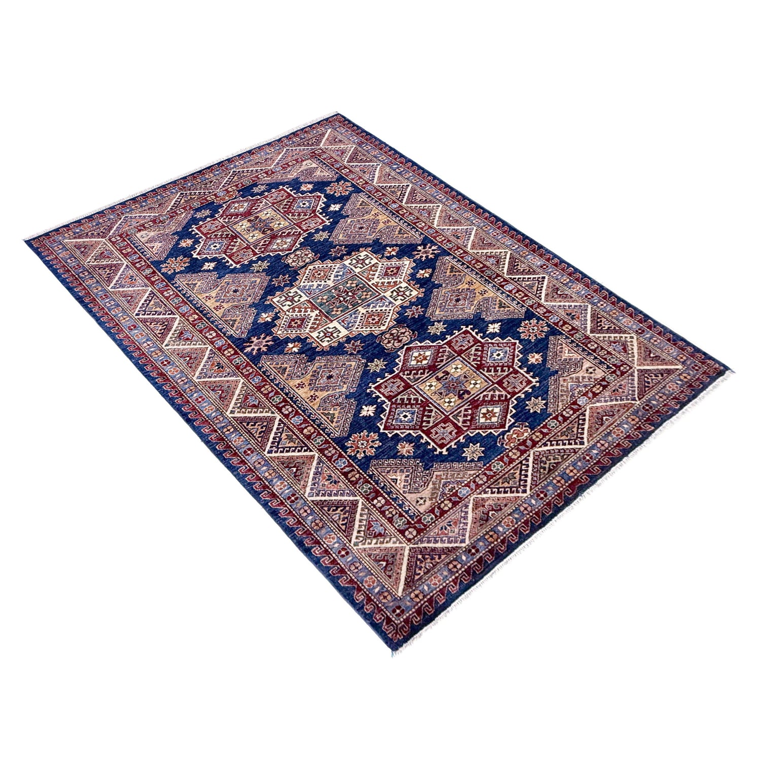 Kazak Rug Handmade Blue Medallion 5x8 ft
