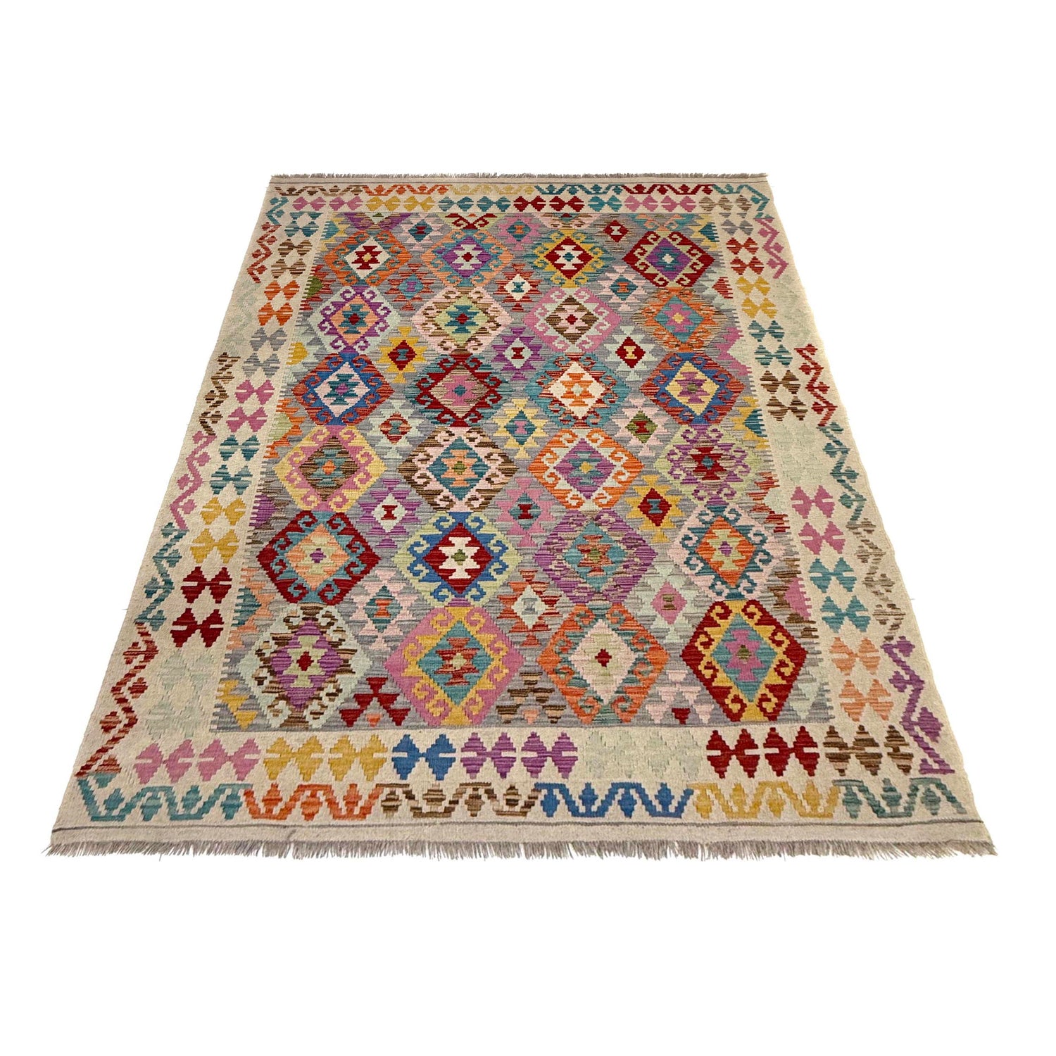 Hand-Knotted Multi Geometric Vegetable Kilim Area Rug – 6' 1" x 7' 9" ft (186 x 237 cm) | SKU: Y39662
