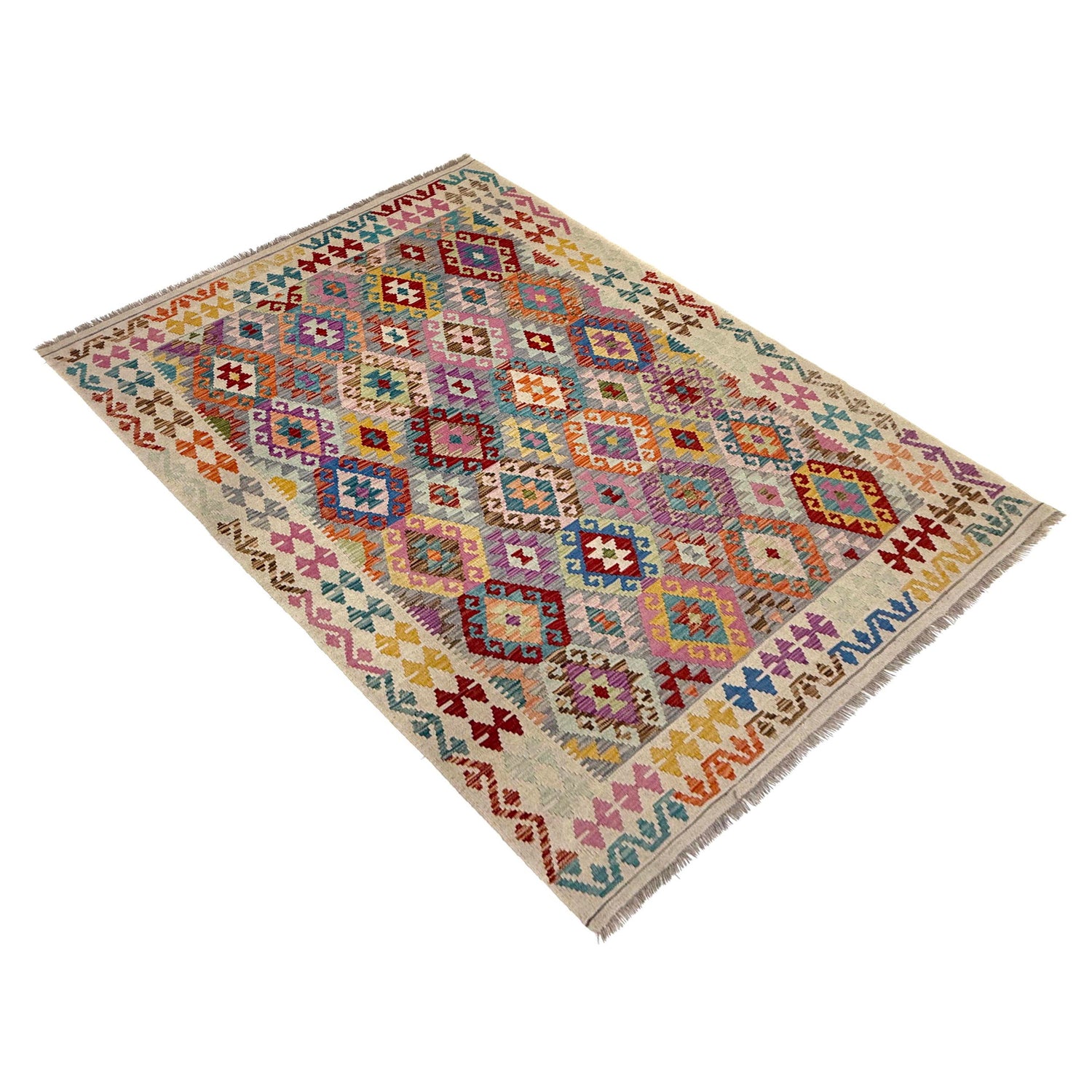 Hand-Knotted Multi Geometric Vegetable Kilim Area Rug – 6' 1" x 7' 9" ft (186 x 237 cm) | SKU: Y39662