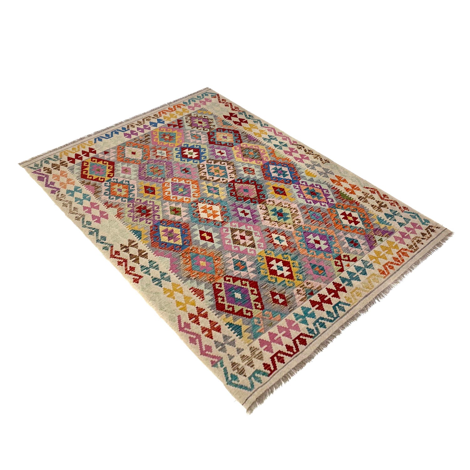 Hand-Knotted Multi Geometric Vegetable Kilim Area Rug – 6' 1" x 7' 9" ft (186 x 237 cm) | SKU: Y39662