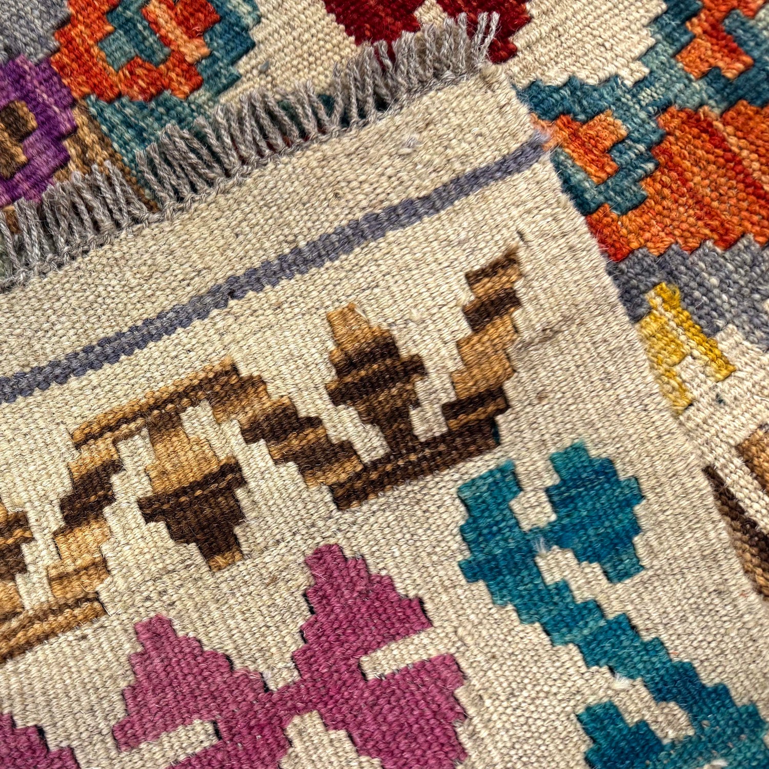 Hand-Knotted Multi Geometric Vegetable Kilim Area Rug – 6' 1" x 7' 9" ft (186 x 237 cm) | SKU: Y39662