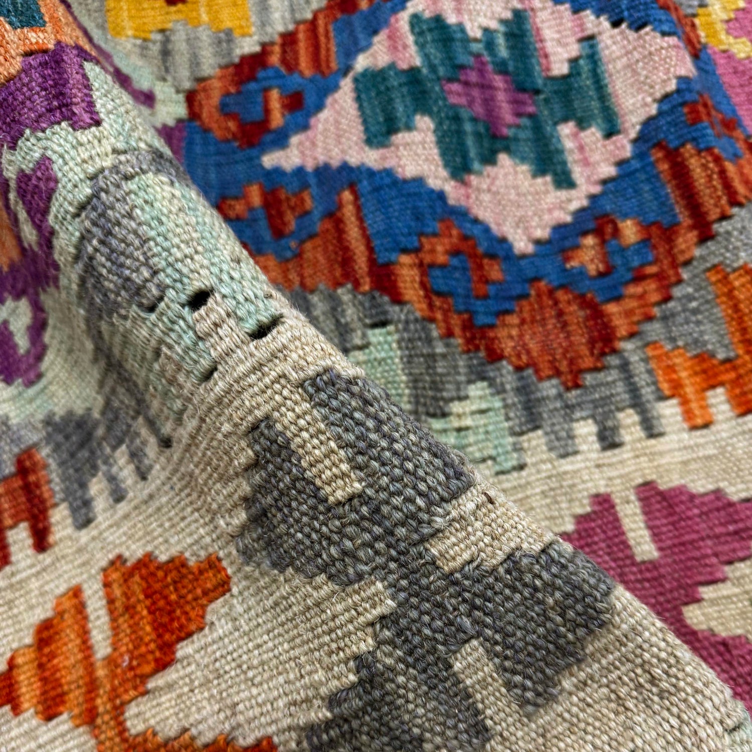 Hand-Knotted Multi Geometric Vegetable Kilim Area Rug – 6' 1" x 7' 9" ft (186 x 237 cm) | SKU: Y39662