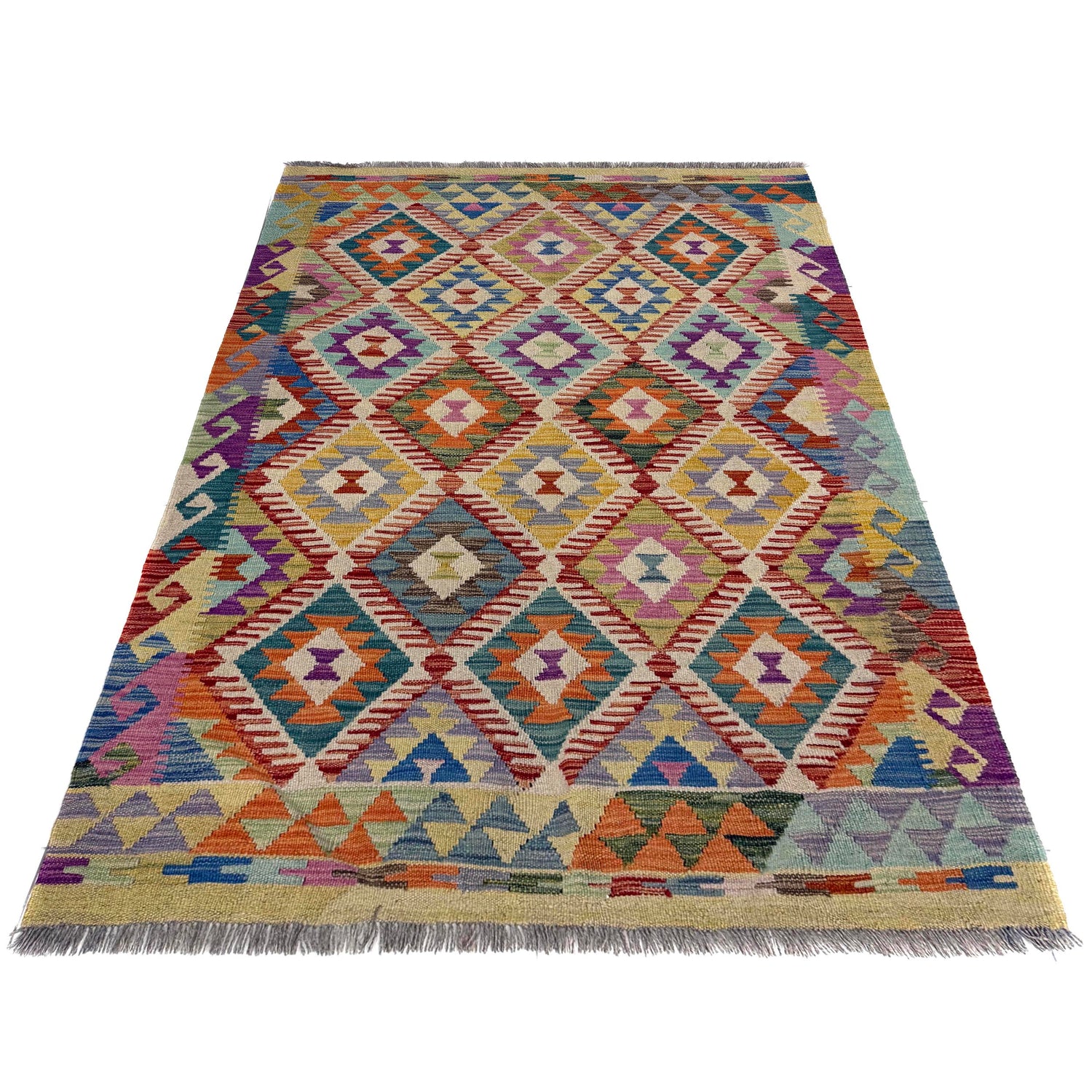 Hand-Knotted Multi Geometric Vegetable Kilim Area Rug – 4' 2" x 5' 10" ft (128 x 177 cm) | SKU: Y39663