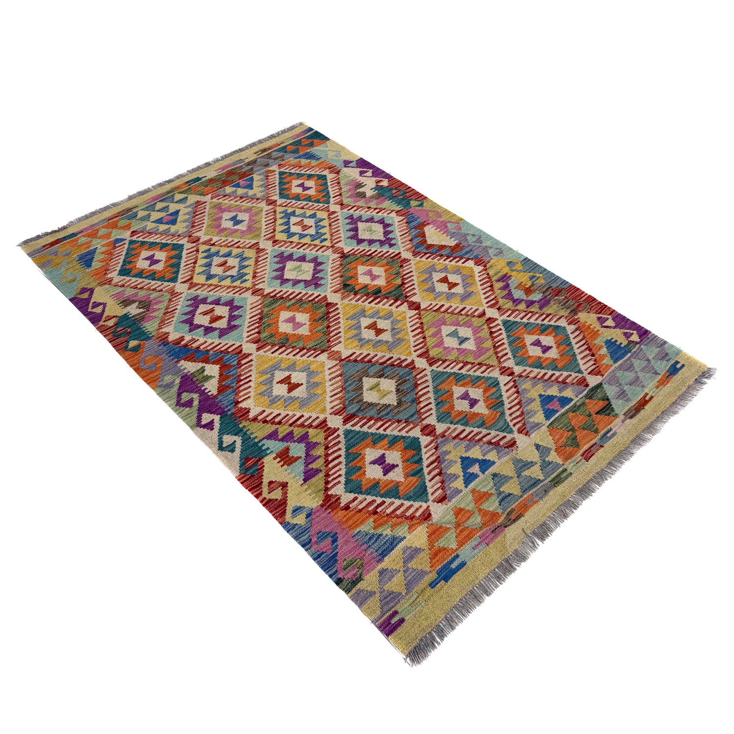 Hand-Knotted Multi Geometric Vegetable Kilim Area Rug – 4' 2" x 5' 10" ft (128 x 177 cm) | SKU: Y39663
