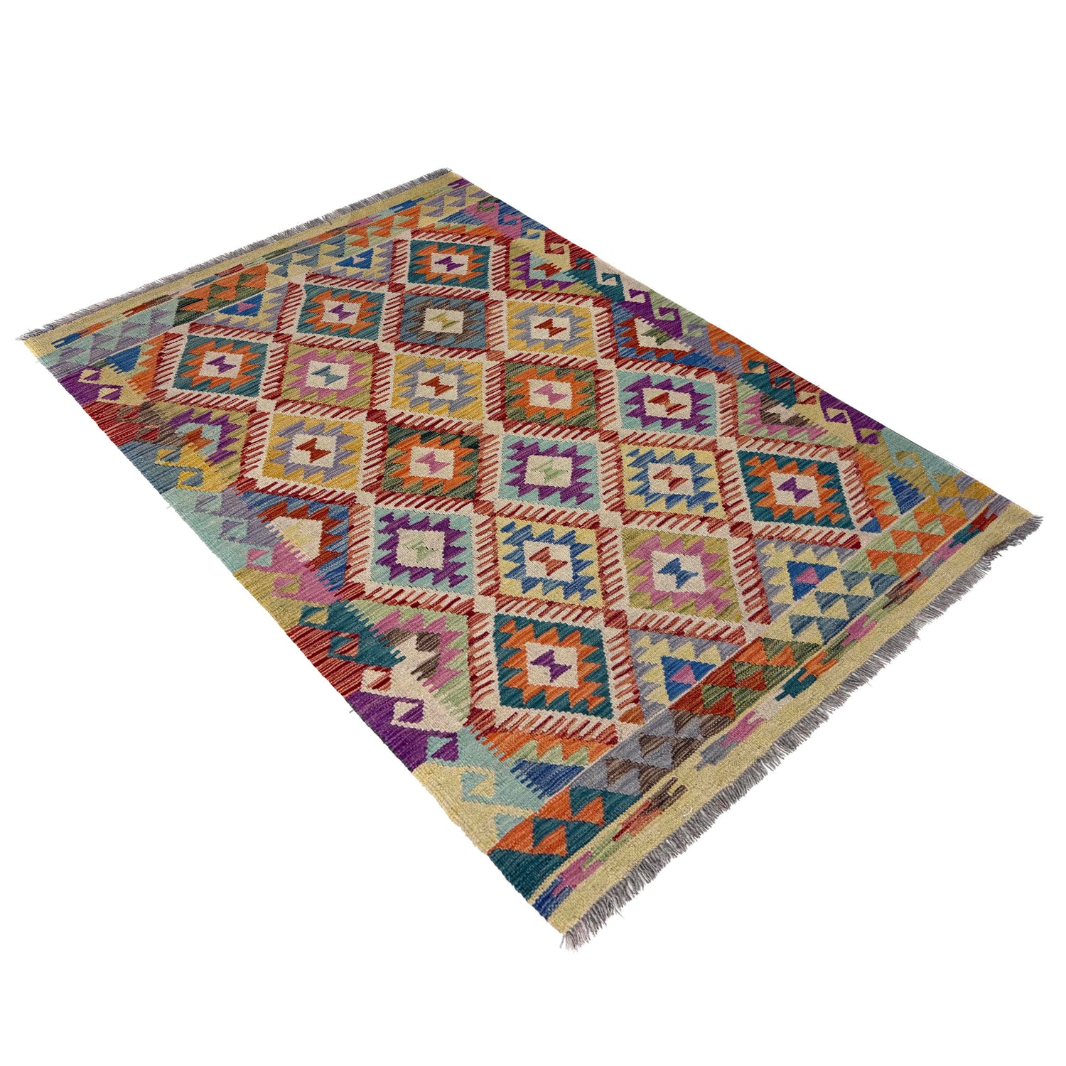 Hand-Knotted Multi Geometric Vegetable Kilim Area Rug – 4' 2" x 5' 10" ft (128 x 177 cm) | SKU: Y39663