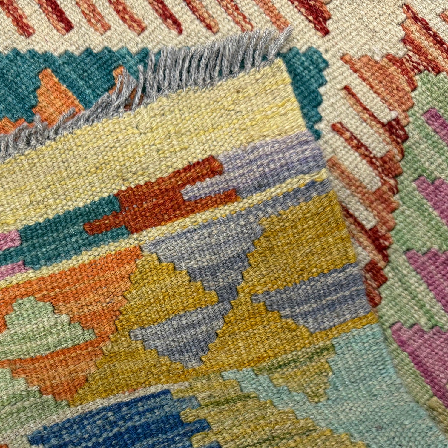 Hand-Knotted Multi Geometric Vegetable Kilim Area Rug – 4' 2" x 5' 10" ft (128 x 177 cm) | SKU: Y39663