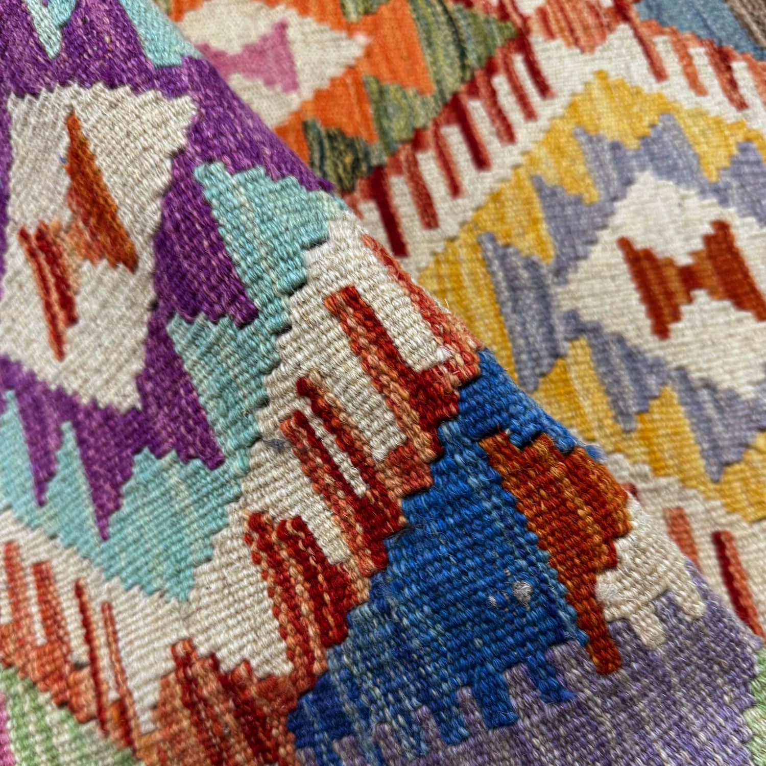 Hand-Knotted Multi Geometric Vegetable Kilim Area Rug – 4' 2" x 5' 10" ft (128 x 177 cm) | SKU: Y39663