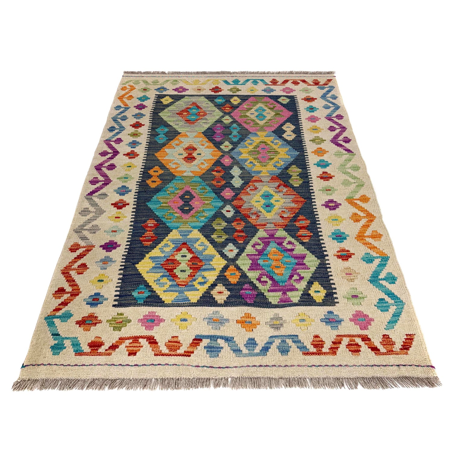 Hand-Knotted Multi Geometric Vegetable Kilim Area Rug – 3' 3" x 4' 11" ft (100 x 149 cm) | SKU: Y39671