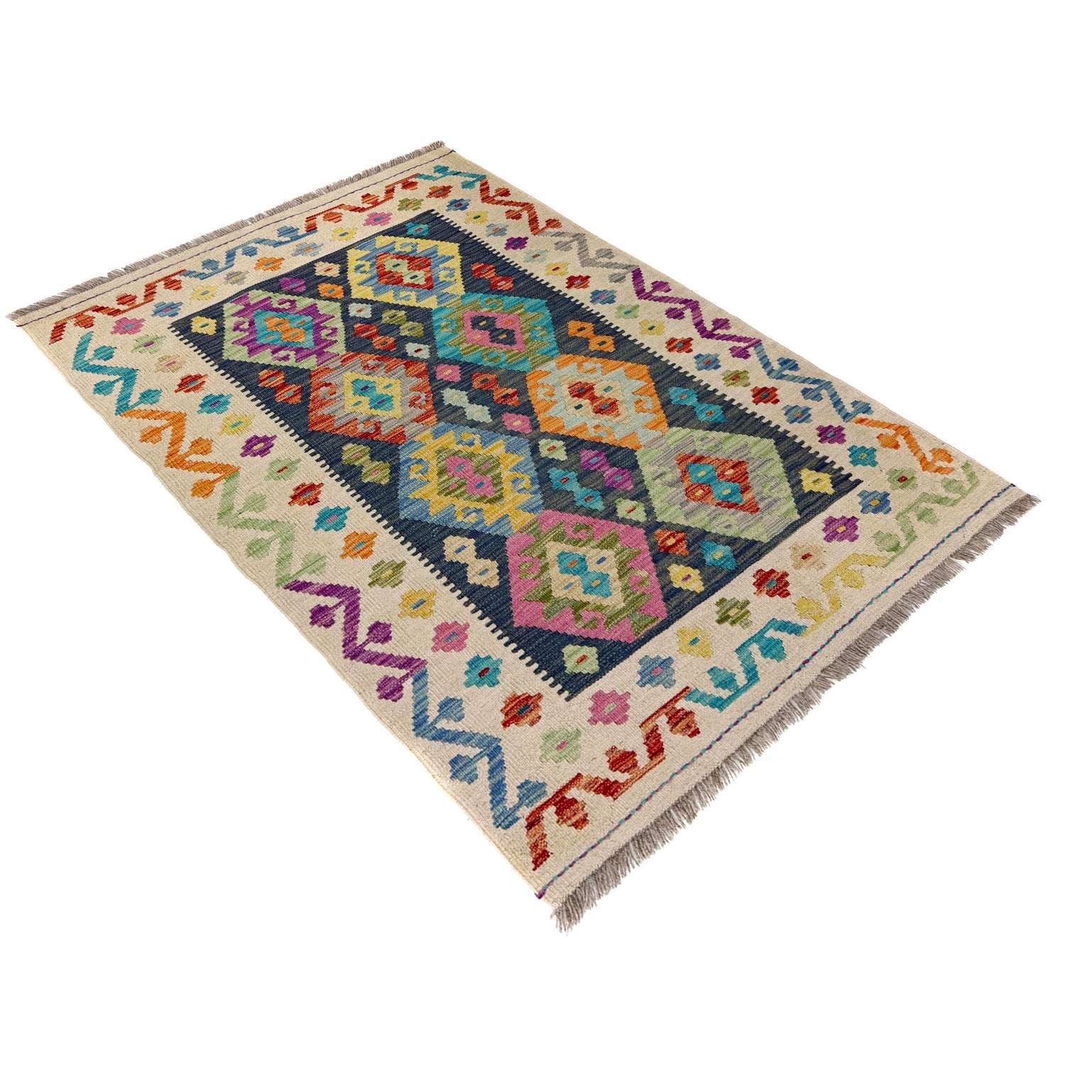 Hand-Knotted Multi Geometric Vegetable Kilim Area Rug – 3' 3" x 4' 11" ft (100 x 149 cm) | SKU: Y39671