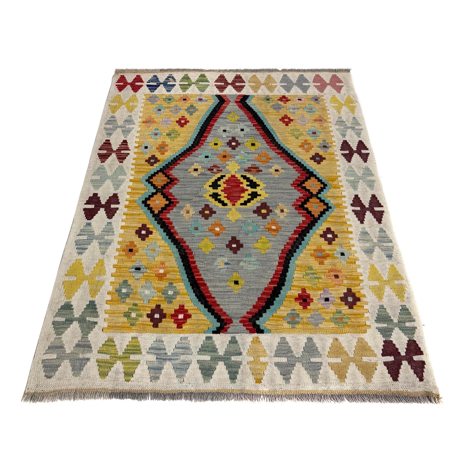 Hand-Knotted Multi Geometric Vegetable Kilim Area Rug – 3' 5" x 4' 9" ft (105 x 145 cm) | SKU: Y39674