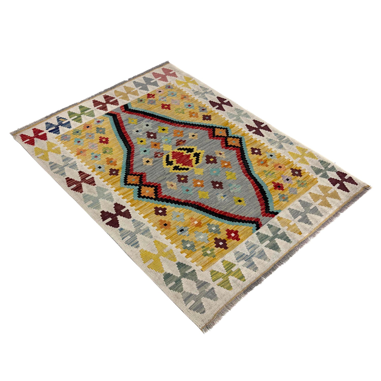 Hand-Knotted Multi Geometric Vegetable Kilim Area Rug – 3' 5" x 4' 9" ft (105 x 145 cm) | SKU: Y39674