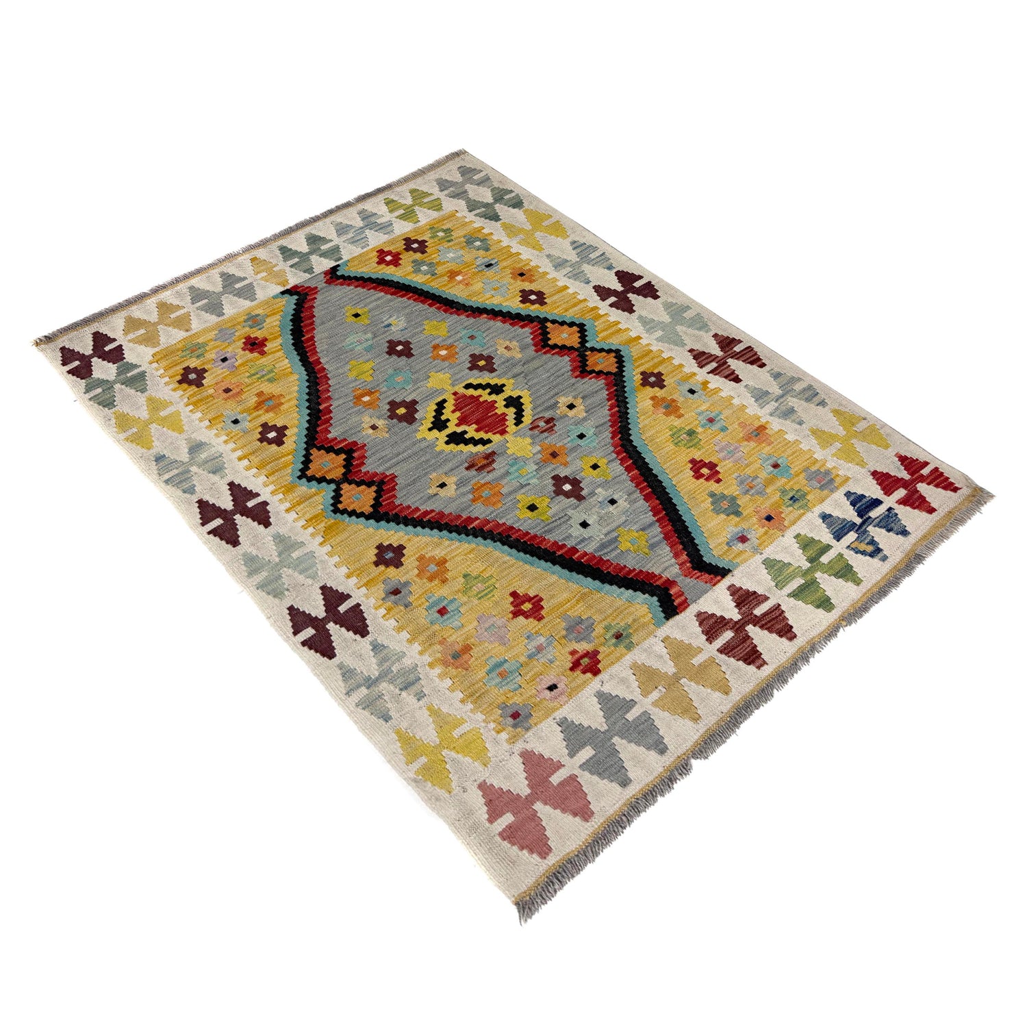 Hand-Knotted Multi Geometric Vegetable Kilim Area Rug – 3' 5" x 4' 9" ft (105 x 145 cm) | SKU: Y39674