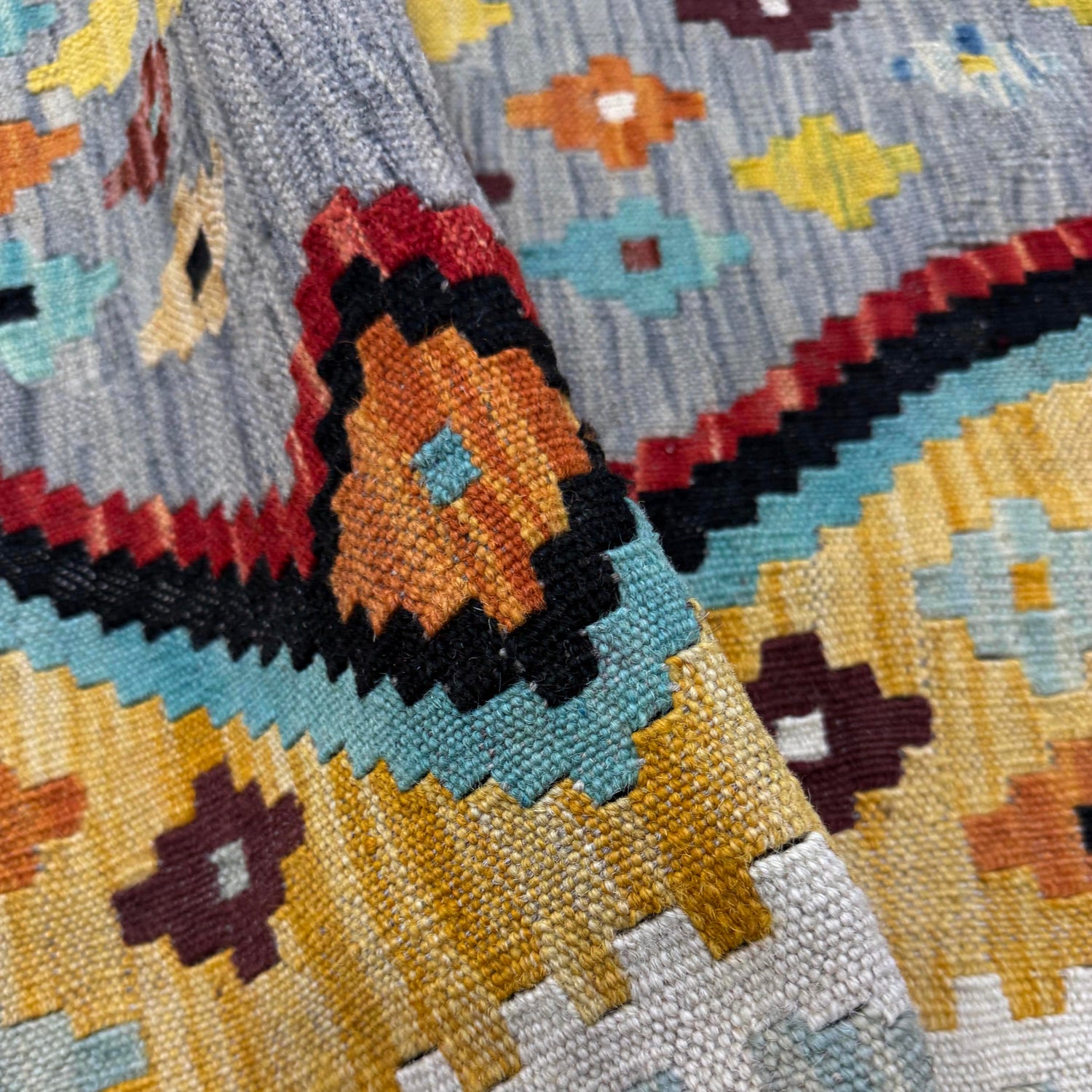 Hand-Knotted Multi Geometric Vegetable Kilim Area Rug – 3' 5" x 4' 9" ft (105 x 145 cm) | SKU: Y39674