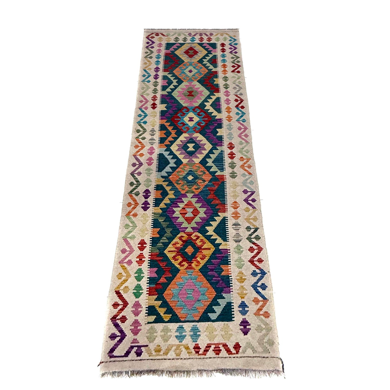 Hand-Knotted Multi Geometric Vegetable Kilim Runner – 2' 8" x 9' 7" ft (81 x 292 cm) | SKU: Y39681