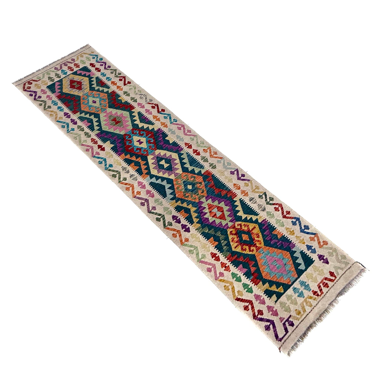 Hand-Knotted Multi Geometric Vegetable Kilim Runner – 2' 8" x 9' 7" ft (81 x 292 cm) | SKU: Y39681
