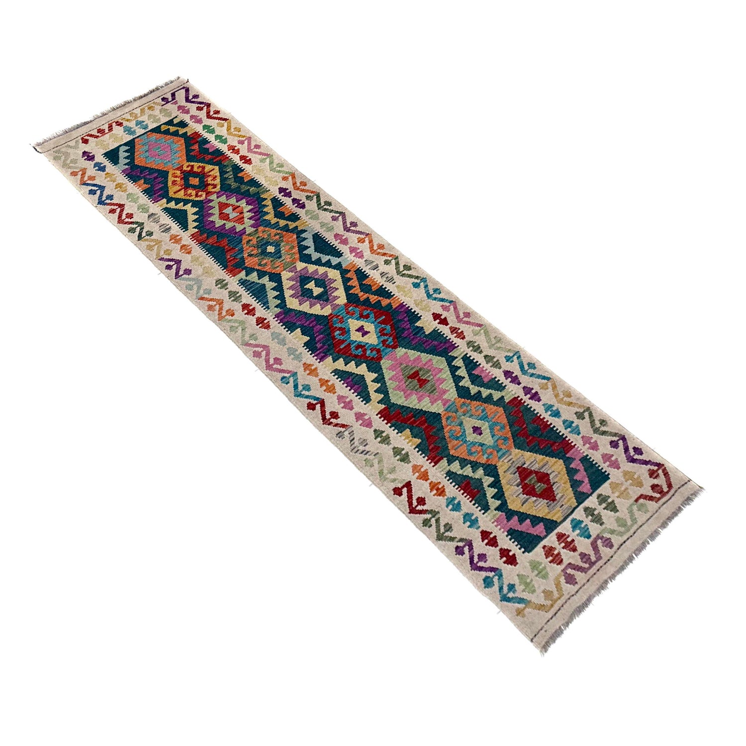 Hand-Knotted Multi Geometric Vegetable Kilim Runner – 2' 8" x 9' 7" ft (81 x 292 cm) | SKU: Y39681