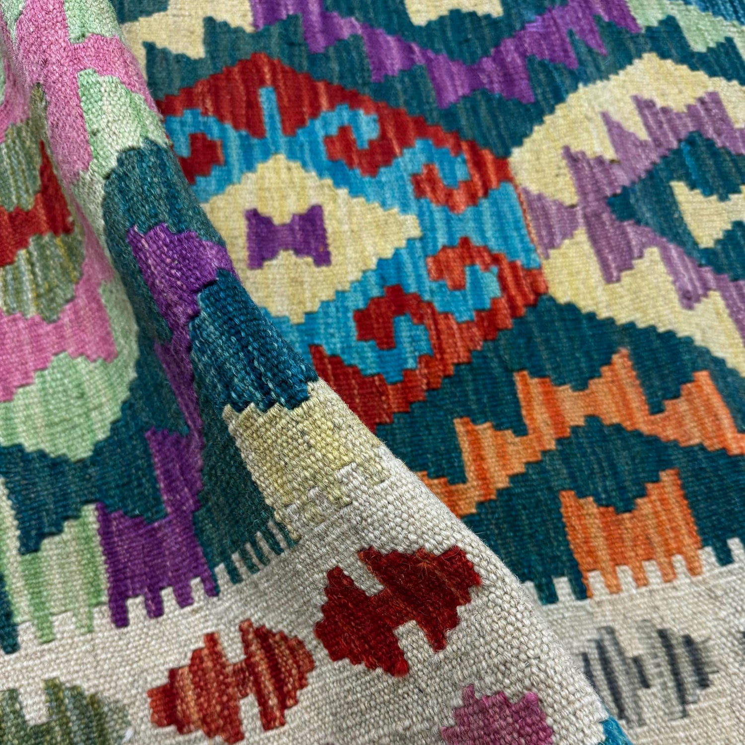 Hand-Knotted Multi Geometric Vegetable Kilim Runner – 2' 8" x 9' 7" ft (81 x 292 cm) | SKU: Y39681